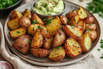 Roasted potatoes are on a plate, topped with parsley and a dipping sauce. Use for recipes, restaurant menus, blogs, and cooking related content.