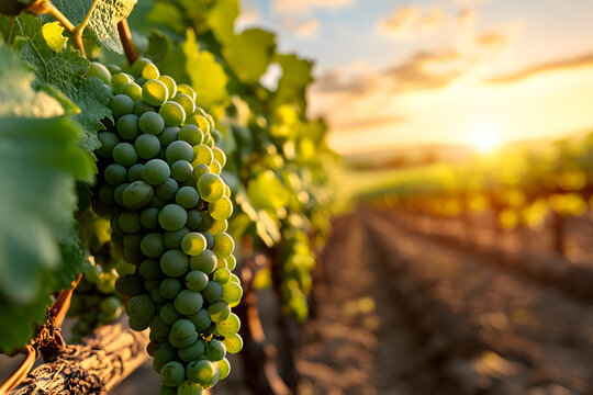 Gr&uuml;ne Weintrauben im Weingarten bei goldenem Sonnenuntergang
