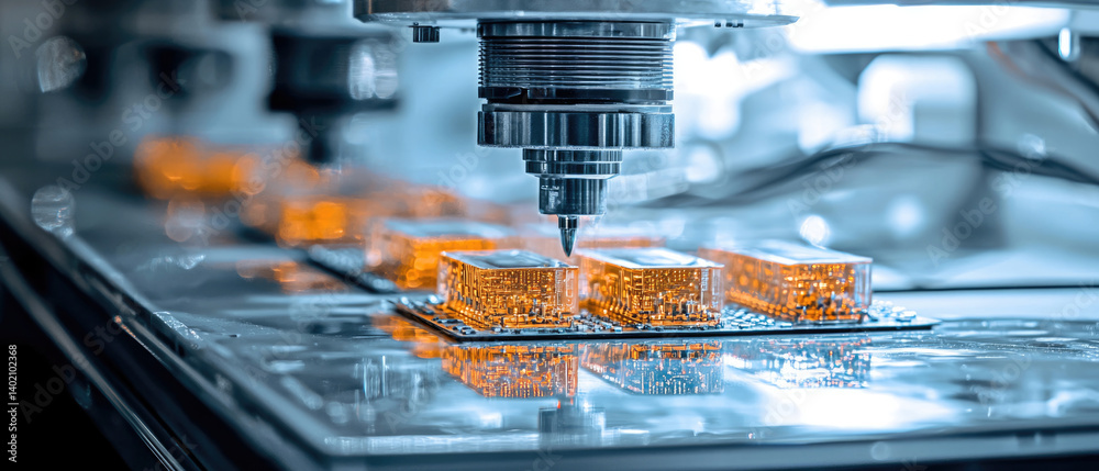 Poster close up view of high tech manufacturing process showcasing robotic arm assembling electronic components with precision and efficiency, highlighting innovation and technology in production