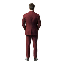 Fototapeta premium Full-body rear view of a male businessman wearing a reddish-brown suit. White background
