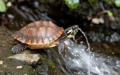 Small Brown and Yellow Turtle Spraying Water