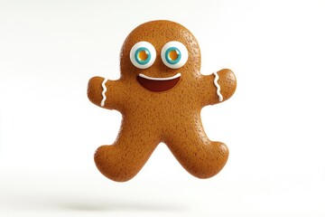 Obraz premium A cheerful gingerbread man cookie with big eyes and a wide smile, joyfully jumping.
