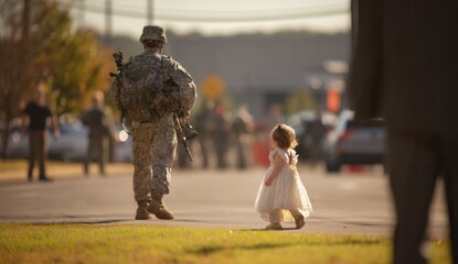 Young girl in white dress approaches soldier on sunny day.