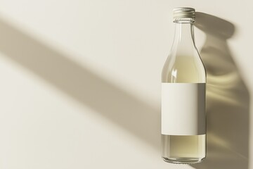 Fototapeta premium A minimalistic glass bottle with a blank label, filled with a pale liquid, placed against a neutral background with soft shadows