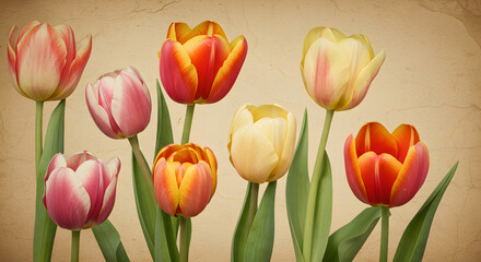 Fototapeta premium Vintage Tulip Garden Illustration with Aged Texture