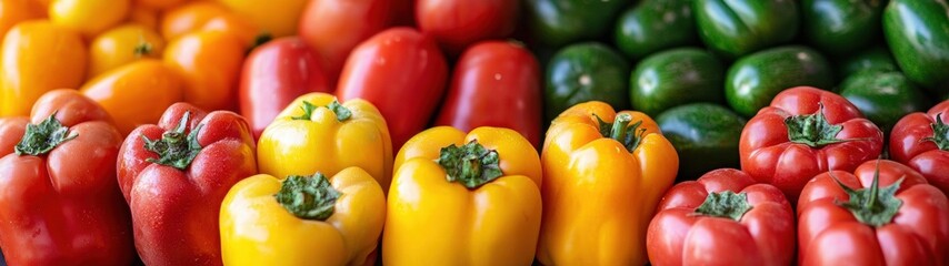 A vibrant collection of colorful bell peppers in red, yellow, orange and green varieties sits together.
