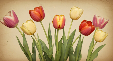 Obraz premium Vintage Tulip Garden Illustration with Aged Texture