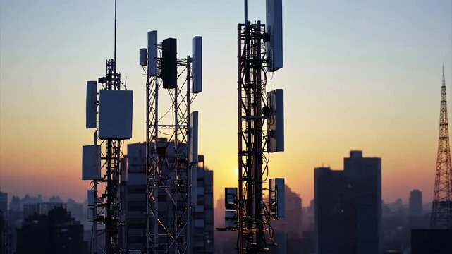 Cityscape silhouette at sunset with multiple cellular towers