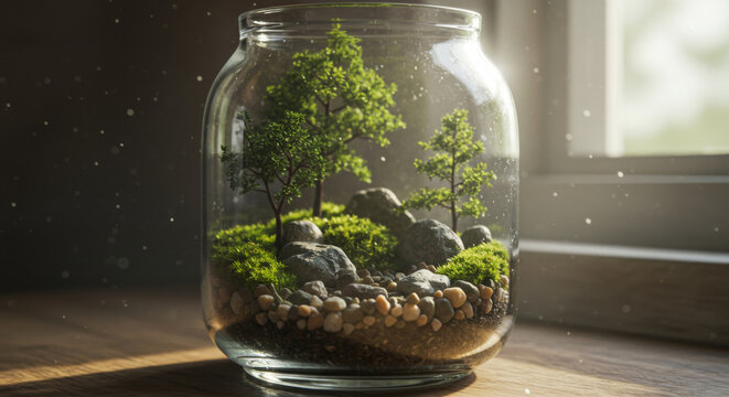 Forest florarium in a glass jar: miniature landscape with moss, rocks and dwarf trees. Cozy mini forest in the interior.