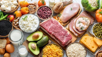 A colorful assortment of fresh, nutritious foods, including meats, fruits, vegetables, and dairy, displayed on a rustic surface.