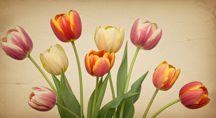 Fototapeta premium Vintage Tulip Garden Illustration with Aged Texture