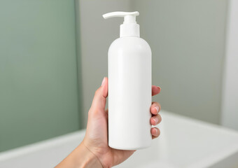 Mockup of white shampoo bottle in female hand on bathroom background