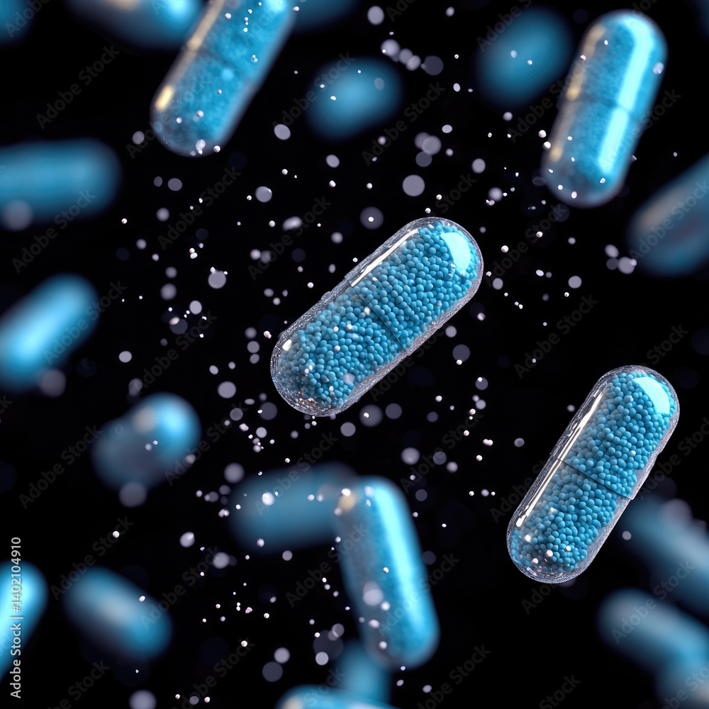 Poster floating capsules filled with blue granules create dynamic visual effect against dark background, ev