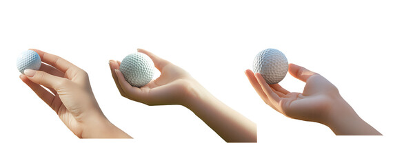 set of woman’s hand holding a golf ball between her index finger and thumb isolated on white
