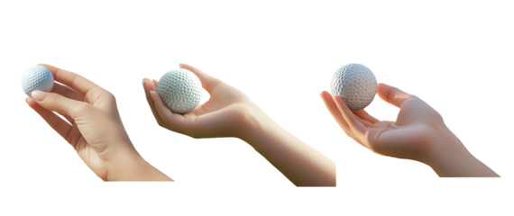 set of woman’s hand holding a golf ball between her index finger and thumb isolated on white