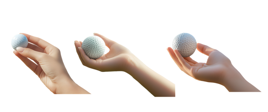 set of woman’s hand holding a golf ball between her index finger and thumb isolated on white