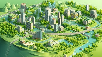 Isometric view of an eco-city with green infrastructure, smart technologies, and thriving green spaces.