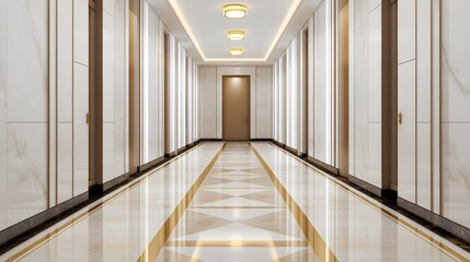 Luxury Hotel Corridor: Elegant marble hallway with gold trim, recessed lighting, and modern design. Perfect for showcasing luxury hotels, interior design, and upscale living. 