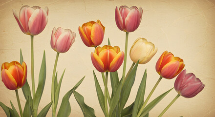 Obraz premium Vintage Tulip Garden Illustration with Aged Texture