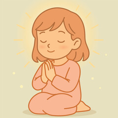 The girl sat down with her hands together and prayed with a happy look on her face.