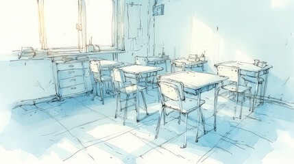 Empty Classroom Sketch  Desk  Chairs  Light  School  Education