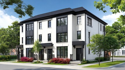 Fototapeta premium Modern white brick townhouse with black trim displays a crisp architectural style for home builder web headers.