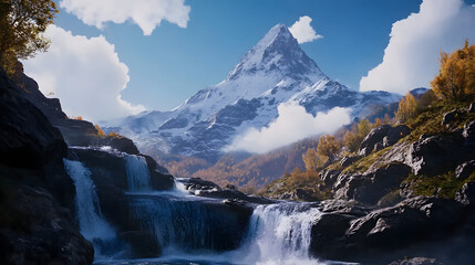Beautiful mountain view with waterfall and blue sky. Natural scenery background.