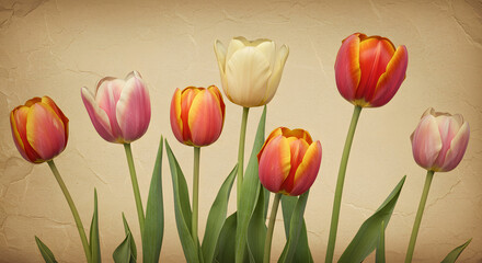 vintage tulips, retro floral background, antique flower illustration, tulip bouquet, aged paper texture, botanical print, nostalgic garden, spring flowers, retro wallpaper, classic floral art, old-fas