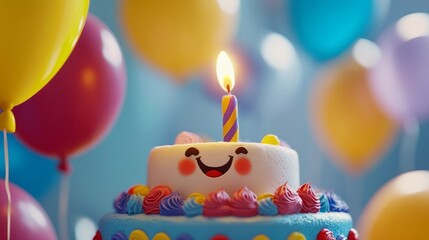 Colorful animated birthday cake with smiling face surrounded by balloons and lit candle, cheerful celebration design for kids' party invitations, festive digital art, and fun cartoon-themed graphics