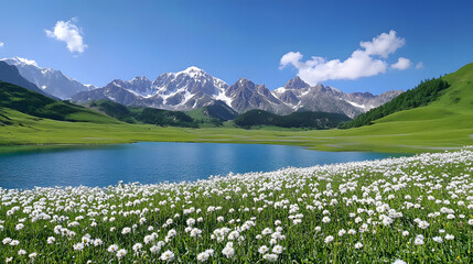 Background of lake and daisy flower garden scenery and snowy mountain background. Natural scenery background.