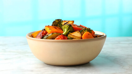 ceramic bowl filled with colorful roasted vegetables, including broccoli, carrots, and bell peppers, sits marble surface, evoking fresh