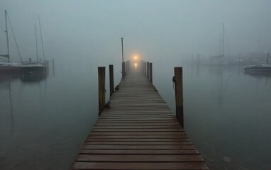 Fototapeta premium Foggy Harbor Dawn: Wooden Dock and Distant Light