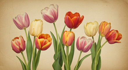 Vintage Tulip Garden Illustration with Aged Texture