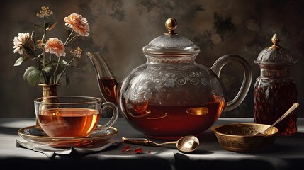 Tea Time Elegance: A still life composition featuring a glass teapot filled with amber tea, a delicate teacup, and a vase of flowers, set against a moody backdrop.