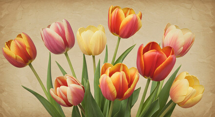 Obraz premium Vintage Tulip Garden Illustration with Aged Texture