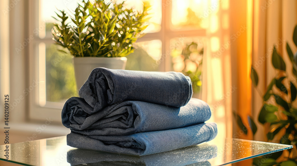 Aufkleber soft towels stacked neatly on glass table, illuminated by warm sunlight streaming through window, cr