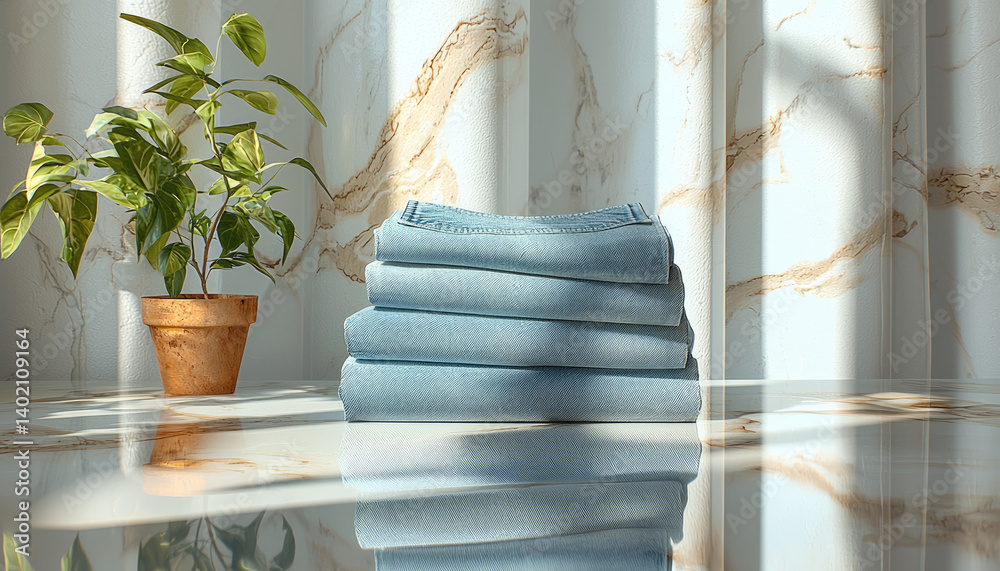 Poster minimalist arrangement featuring stack of folded blue jeans beside potted plant on reflective surfac