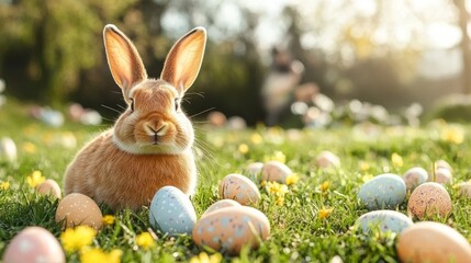 Adorable easter bunny surrounded by colorful eggs in a grassy field.