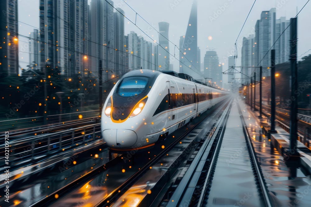 Aufkleber 近未来的な都市風景の中を走る白い高速鉄道 降雨の中の光る鉄道車両の視点 都会の背景と近代的な交通手段