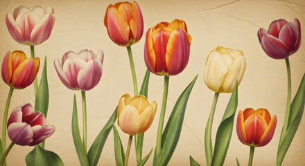 Obraz premium Vintage Tulip Garden Illustration with Aged Texture