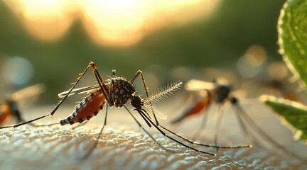Close up of mosquito on skin, showcasing intricate details of its body and wings, with warm, blurred background creating serene atmosphere
