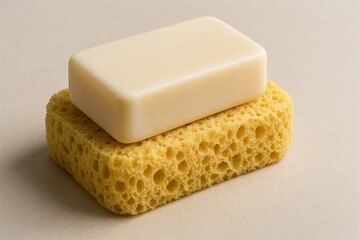 Photorealistic image of a bar of soap resting on sponge