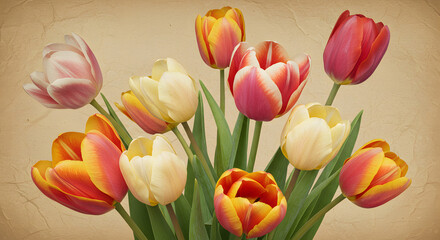 Fototapeta premium Vintage Tulip Garden Illustration with Aged Texture