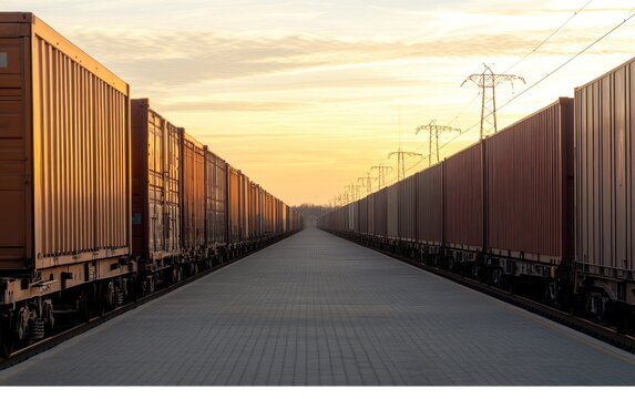 Cargo Containers at Sunrise on Railway Tracks