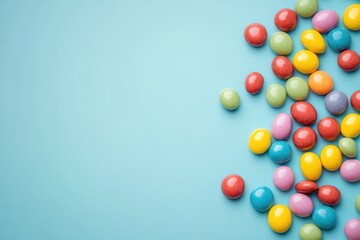 Colorful candy coated chocolate lentils are scattered on a blue surface. Use this image for ads or content related to candy and treats.