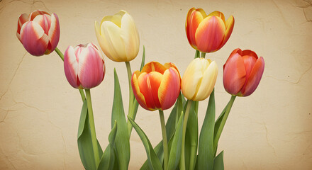 Vintage Tulip Garden Illustration with Aged Texture