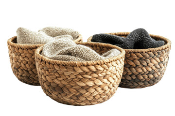 Obraz premium Cozy woven baskets filled with soft knitwear creating a warm and inviting home aesthetic with