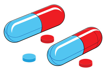 64 Glossy pill capsules, red and blue, large scale, high contrast, reflective surface, pharmaceutical illustration, clean background, minimalist design, product photography, 3D rendering, Matrix refer