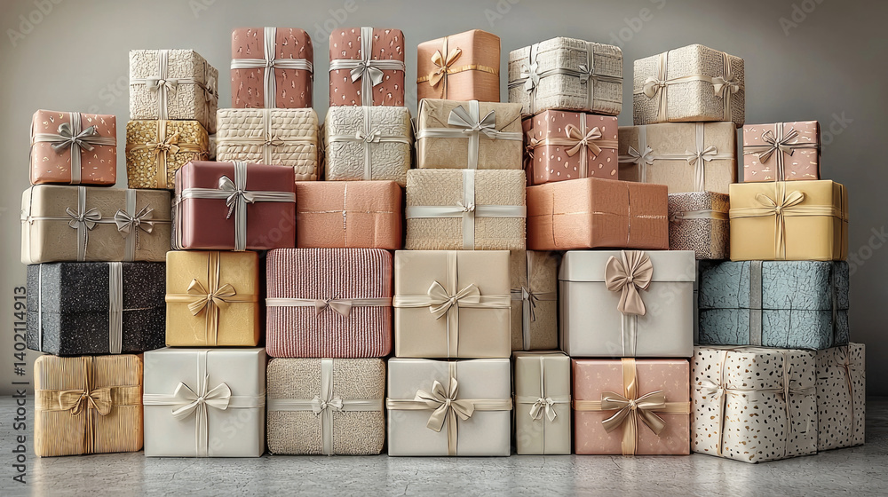 Poster luxurious gift boxes stacked in various colors and patterns create festive atmosphere. elegant ribbo