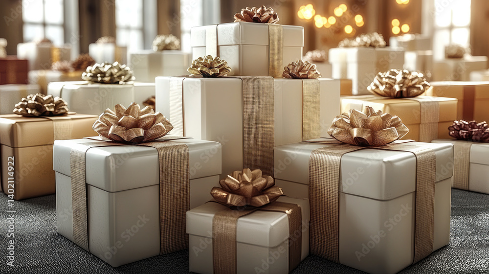 Poster Elegant gift boxes with golden bows are arranged in festive setting, creating warm and inviting atmosphere perfect for celebrations